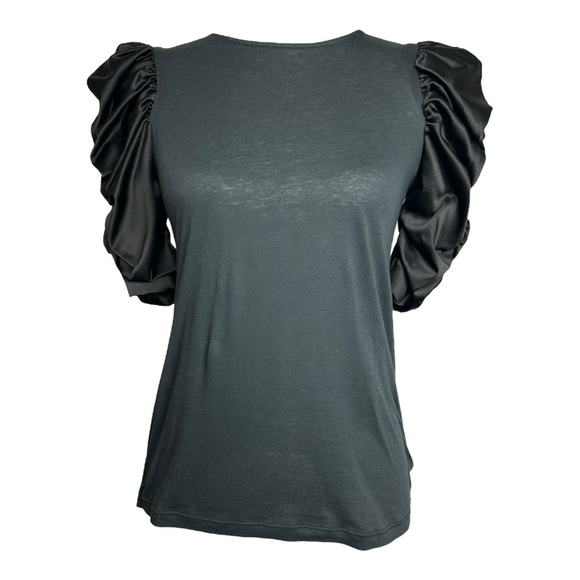 Alice + Olivia Top Black Ruched Puff Sleeve Whimsigoth Stretch Knit Tee S - Picture 3 of 11